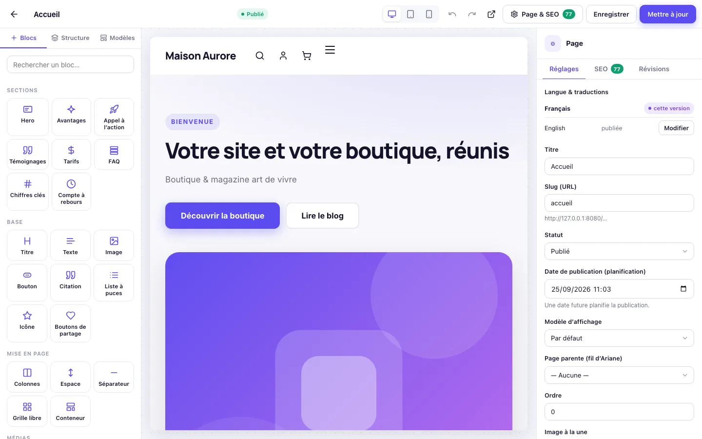 Le page builder de Mozaiq : blocs à gauche, aperçu en direct au centre, réglages à droite